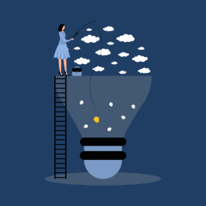 Woman climbing a light bulb